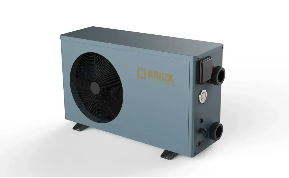 Grå Brilix XHPFDPLUS 9kW R32 poolvärmepump utomhusmodell med svart fläkt och rör